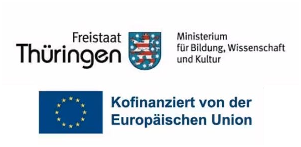 Logos des Freistaats Thüringen, des Thüringer Ministeriums für Bildung, Wissenschaft und Kultur sowie der Europäischen Union
