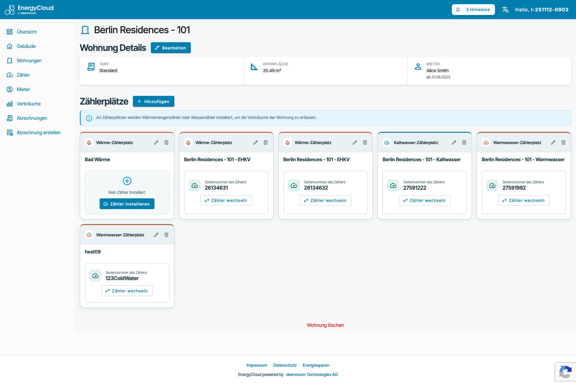 EnergyCloud Wohnungsansicht mit Mieter und Zählerplätzen