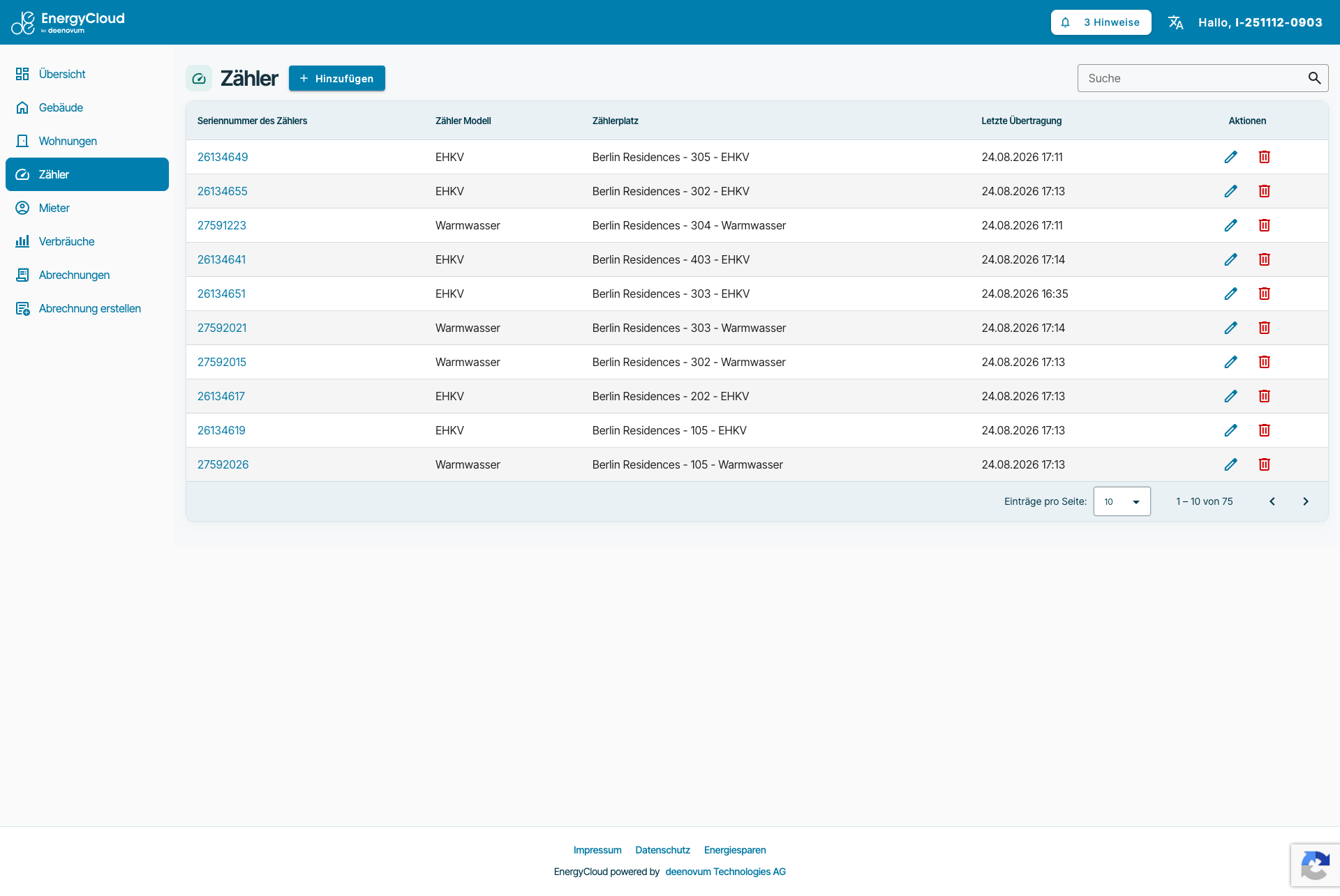 EnergyCloud Zählerübersicht mit letzter Datenübertragung