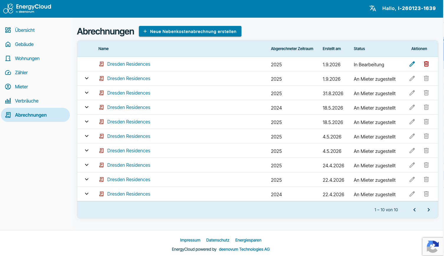 EnergyCloud Übersicht der Nebenkostenabrechnungen