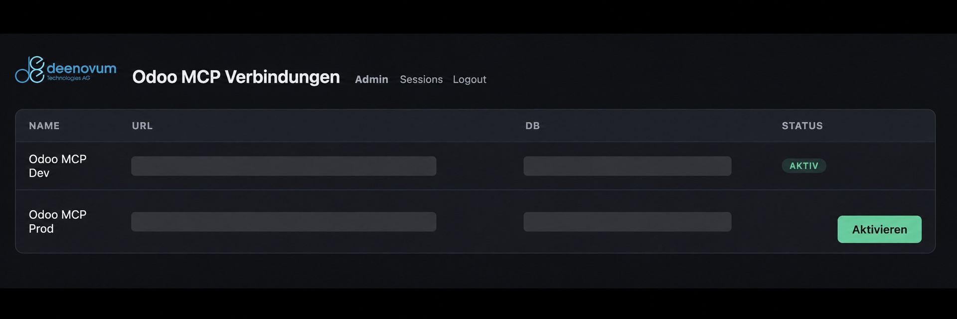 Anonymisierte Administrationsoberfläche des deenovum Odoo MCP Servers mit Dev- und Prod-Verbindung